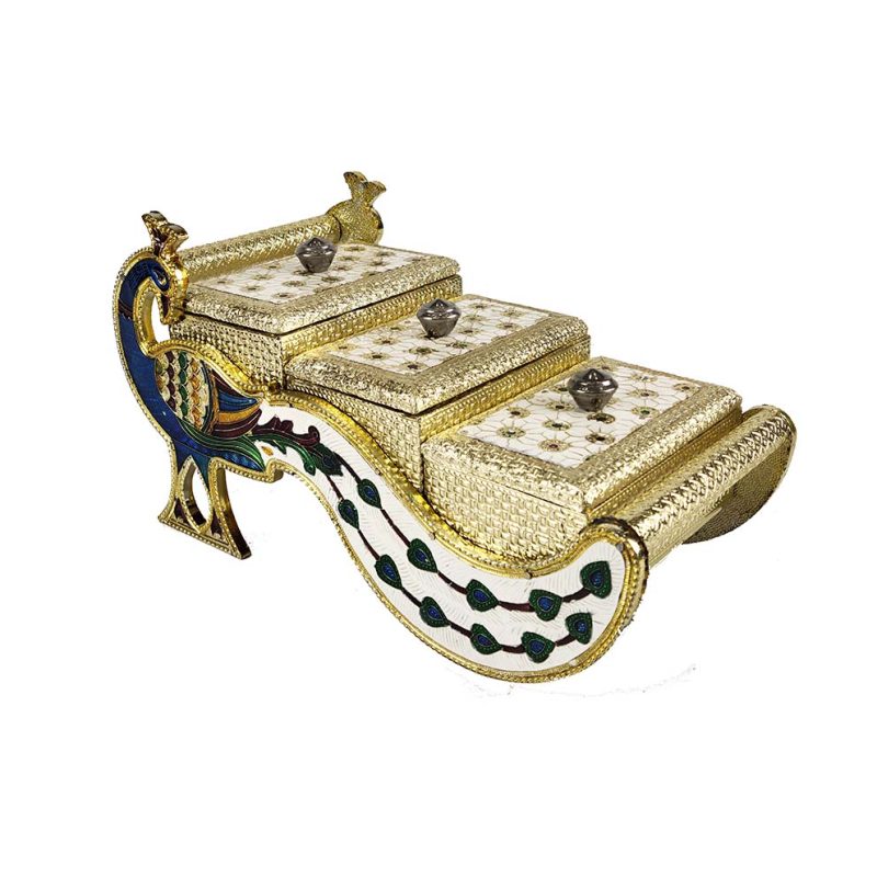 Decorative Peacock Designed Dryfruit Supari Box Mukhwash Dani , Sweets Chocolate Box Dining 3 Container Serving Set (28x14x16cm)
