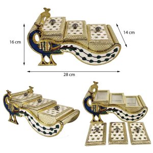 Decorative Peacock Designed Dryfruit Supari Box Mukhwash Dani , Sweets Chocolate Box Dining 3 Container Serving Set (28x14x16cm)