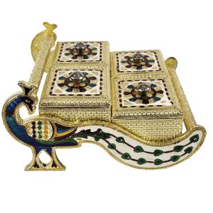 Decorative Peacock Designed Dryfruit Supari Box Mukhwash Dani , Sweets Chocolate Box Dining 4 Container Serving Set (28x16x21 cm)