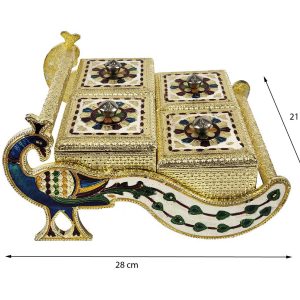 Decorative Peacock Designed Dryfruit Supari Box Mukhwash Dani , Sweets Chocolate Box Dining 4 Container Serving Set (28x16x21 cm)