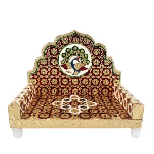 Peacock Designed Meenakari Large Bal Gopal Laddo Gopal Singhasan , Krishna Ji Ganesh Ji Puja Chowki Singhasan Wooden Home Temple