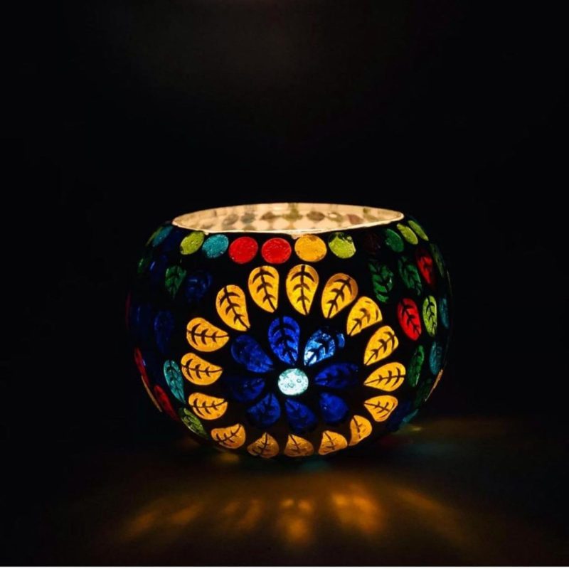 Handcrafted Traditional Wooden Glass Mosaic Decorative Table Lamp Show Piece for Living Room Lalten/Night Lamp (4inches)