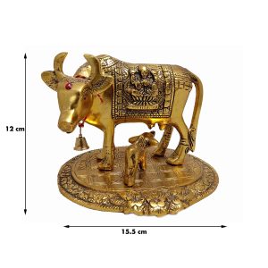 Decorative Golden Metal Cow with Calf  Golden Religious Figurine for Vastu & Home Decor Decorative Showpiece