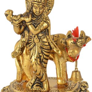 Metal Lord Krishna Playing Flute With Cow Decorative Showpiece