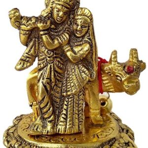 Metal Lord Radha Krishna Playing Flute With Cow Decorative Showpiece