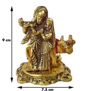 Metal Lord Radha Krishna Playing Flute With Cow Decorative Showpiece