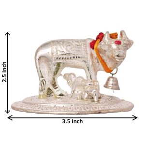 Beautiful Silver Metal Cow with Calf  Golden Religious Figurine for Vastu & Home Decor Decorative Showpiece