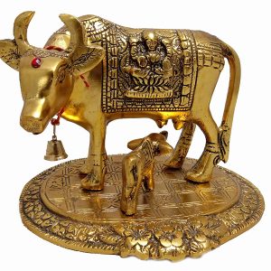 Decorative Golden Metal Cow with Calf  Golden Religious Figurine for Vastu & Home Decor Decorative Showpiece