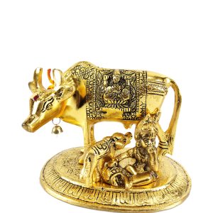 Golden Metal Cow with Calf With Balgopal Golden Religious Figurine for Vastu & Home Decor Decorative Showpiece