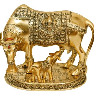 Beautiful Golden Large Metal Cow with Calf  Golden Religious Figurine for Vastu  Decorative Showpiece