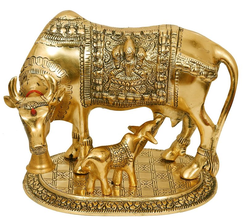 Beautiful Golden Large Metal Cow with Calf  Golden Religious Figurine for Vastu  Decorative Showpiece