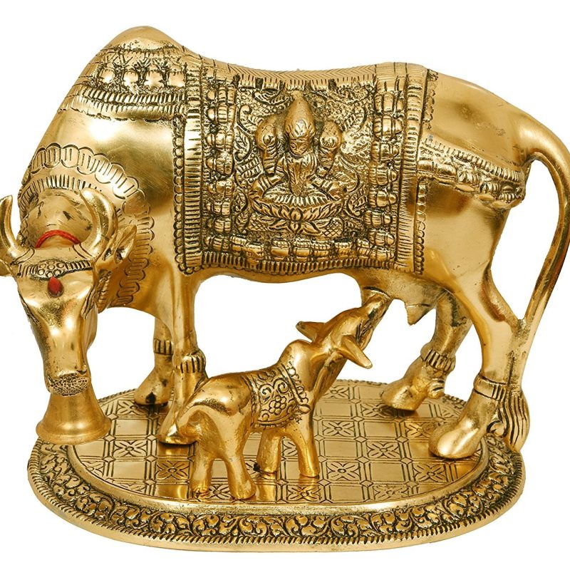 Beautiful Golden Large Metal Cow with Calf  Golden Religious Figurine for Vastu  Decorative Showpiece