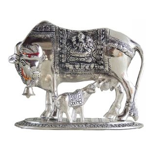 Beautiful Large Silver Metal Cow with Calf  Golden Religious Figurine for Vastu Decorative Showpiece