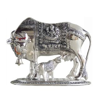 Beautiful Large Silver Metal Cow with Calf  Golden Religious Figurine for Vastu Decorative Showpiece