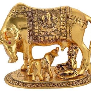 Beautiful Large Golden Metal Cow with Calf With Balgopal Golden Religious Figurine for Vastu & Home Decor Decorative Showpiece