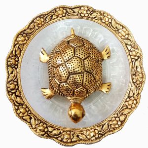 Metal Feng Shui Tortoise On Plate Showpiece for Good Luck , Golden Tortoise/kachhua with Glass Plate for Vastu