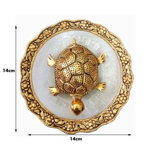 Metal Feng Shui Tortoise On Plate Showpiece for Good Luck , Golden Tortoise/kachhua with Glass Plate for Vastu