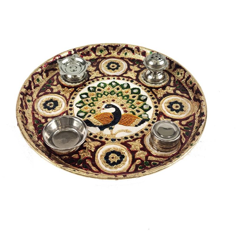 Steel Aarti Thali/Thal Peacock Designed Stainless Steel Mina Pooja Thali for Aarti Pooja , Home and Temple (9 inch)