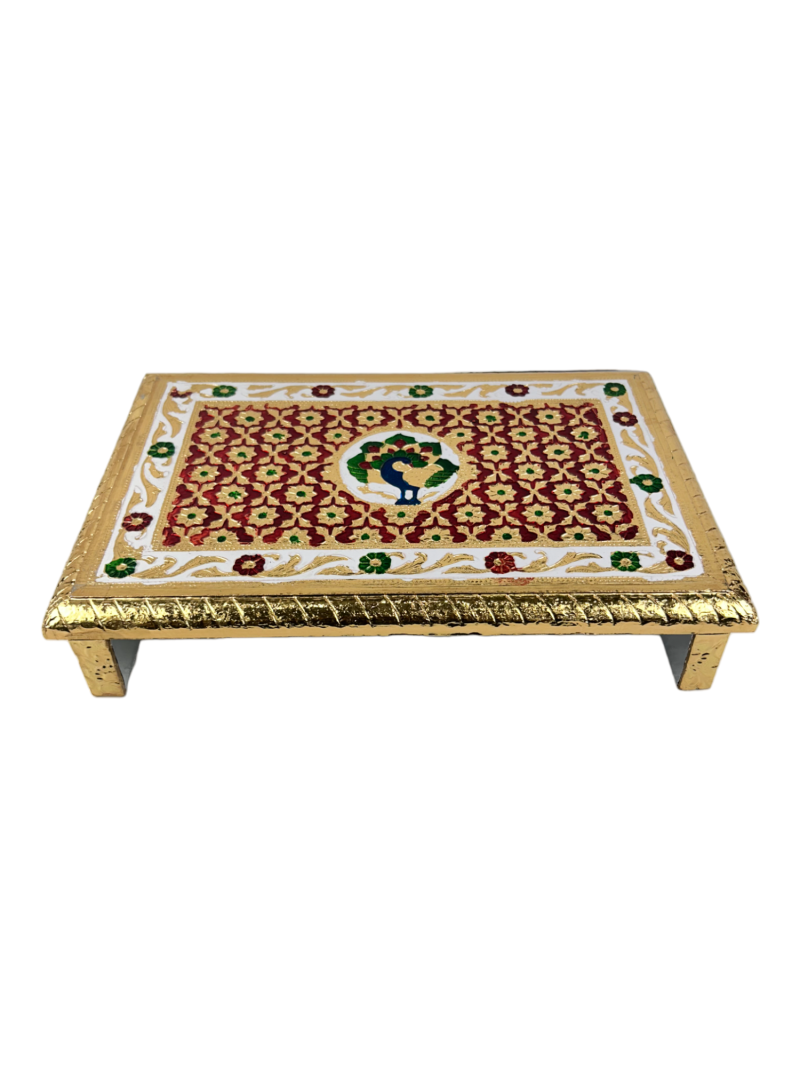 Minakari Patta Peacock Design Chaurang , Chowki, Bajot, Wooden All Purpose Patta Chowki (15x10inch)