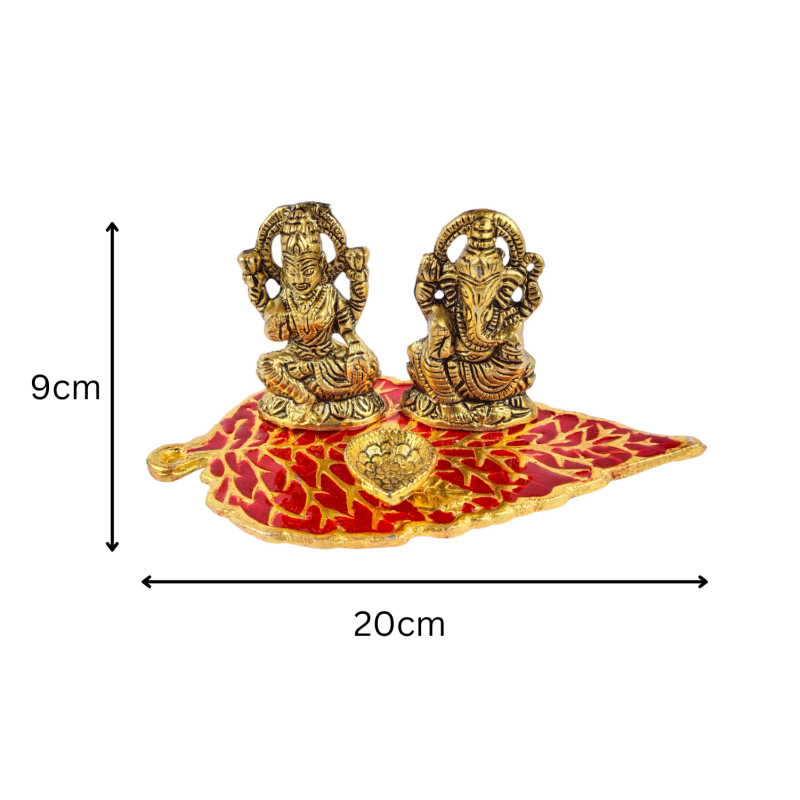 Metal Golden Lord Laxmi Ji , Lord Ganesh Ji Sitting on Meenakari Leaf Decorative Showpiece