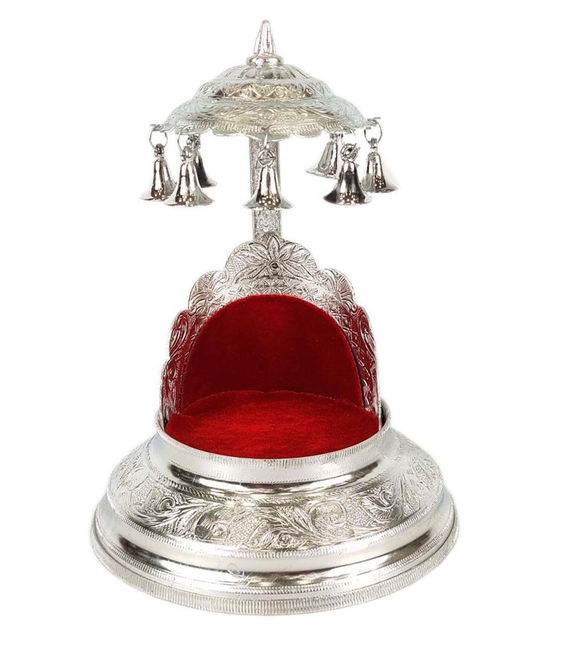 Silver Bal Gopal Laddo Gopal Singhasan , Krishna Ji Ganesh Ji Puja Chowki Singhasan Metal Home Temple (14x18cm))