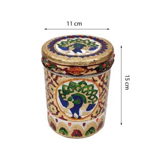Stainless Steel Meenakari Work Peacock Designed Storage Box Container For Home , Wedding , Gifts etc (no2)
