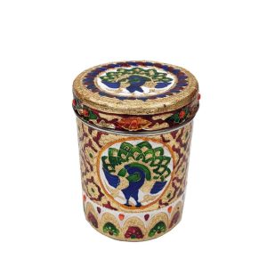 Stainless Steel Meenakari Work Peacock Designed Storage Box Container For Home , Wedding , Gifts etc (no2)