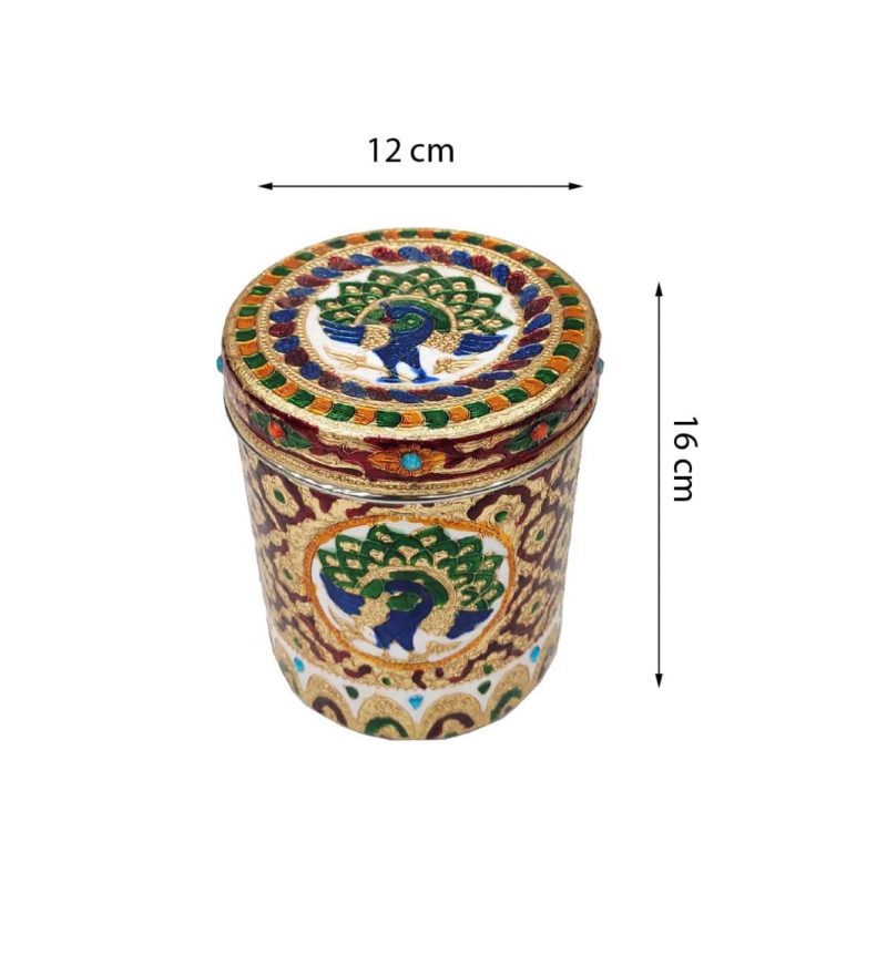 Stainless Steel Meenakari Work Peacock Designed Storage Box Container For Home , Wedding , Gifts etc (no3))