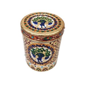 Stainless Steel Meenakari Work Peacock Designed Storage Box Container For Home , Wedding , Gifts etc (no4)