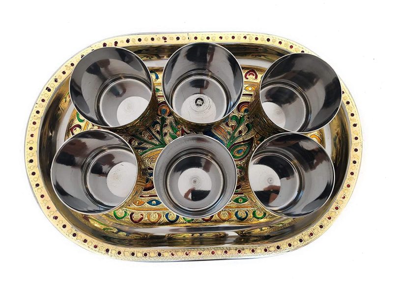 Beautiful Stainless Steel Meenakari Peacock Glass Tray Set for Serving (1 Tray + 6 Glass set)