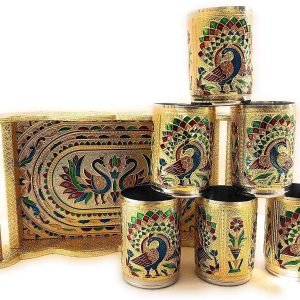 Meenakari Peocock Designed Wooden Tray with  6 Stainless Steel Glass Serving Tray with Handles & Glass