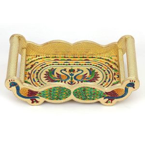 Meenakari Peocock Designed Wooden Tray with  6 Stainless Steel Glass Serving Tray with Handles & Glass