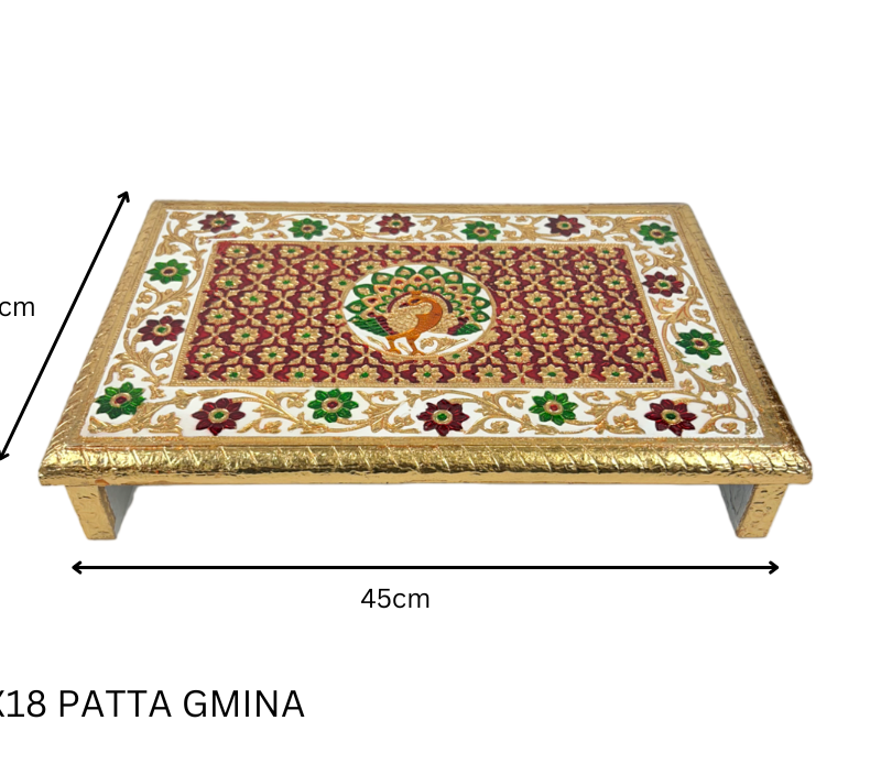 Elegant Meenakari Peacock Decorative Patta Chowki (12x18") – Handcrafted Wooden golden meena Pooja Platform with Traditional Artwork