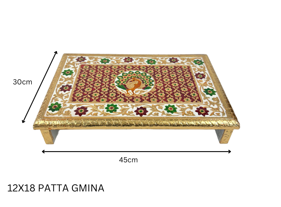 Elegant Meenakari Peacock Decorative Patta Chowki (12x18") – Handcrafted Wooden golden meena Pooja Platform with Traditional Artwork