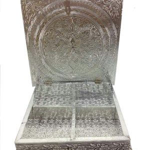 Decorative Silver Dryfruit Supari Box Mukhwash Dani , Sweets Chocolate Box Dining Container Serving Set (25x25x5 cm)