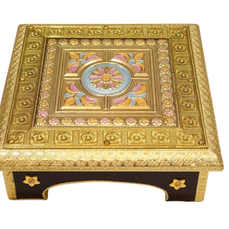 Handcrafted 10'' Wooden Chowki with Brown Flower Design – Elegant All-Purpose Bajot