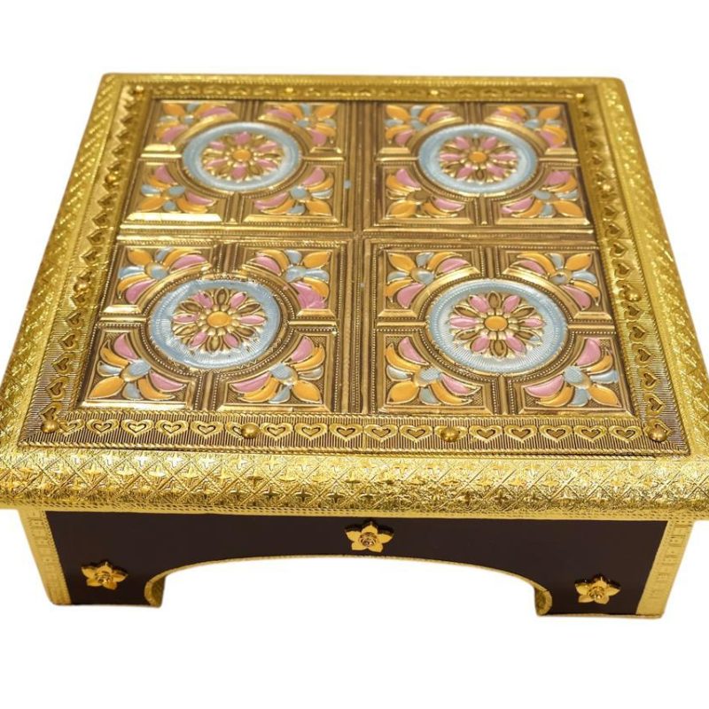 Handcrafted 12'' Wooden Chowki with Brown Flower Design – Elegant All-Purpose Bajot