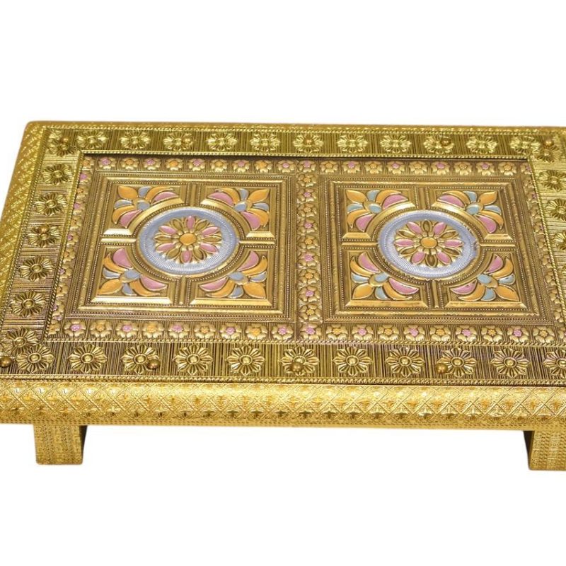 Handcrafted 15x10 Golden Flower Wooden Chowki – Premium All-Purpose Bajot