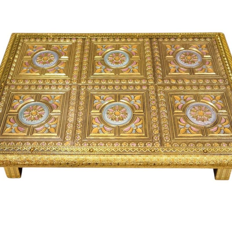 Handcrafted 12x18 Golden Flower Wooden Chowki – Premium All-Purpose Bajot