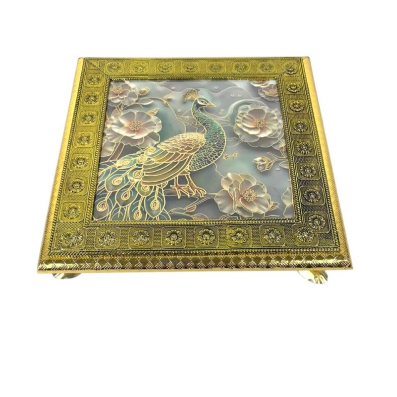 Elegant Golden Wooden 10-Inch Sarang Chowki with Intricate Peacock Artwork