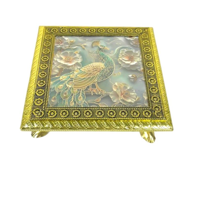 Elegant Golden Wooden 8-Inch Sarang Chowki with Intricate Peacock Artwork