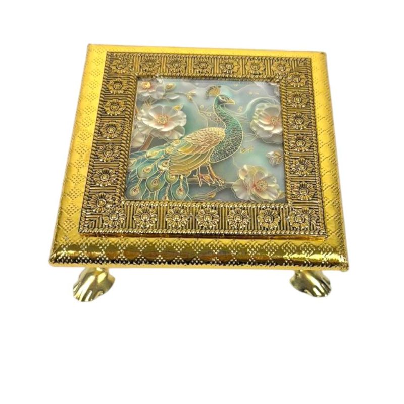 Elegant Golden Wooden 6-Inch Sarang Chowki with Intricate Peacock Artwork