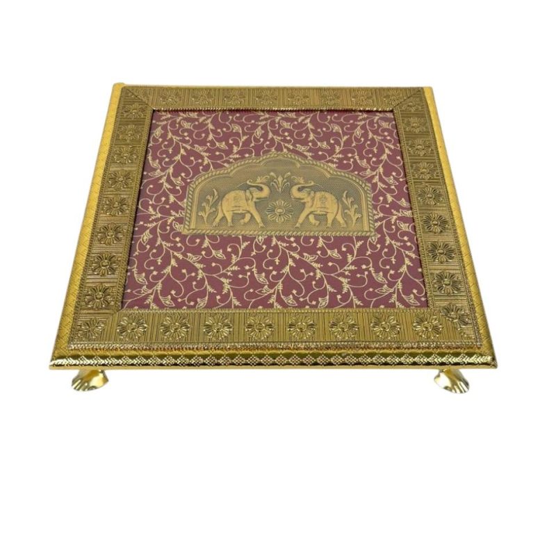 Elegant Golden Wooden 12-Inch Chowki with Double Elephant Design