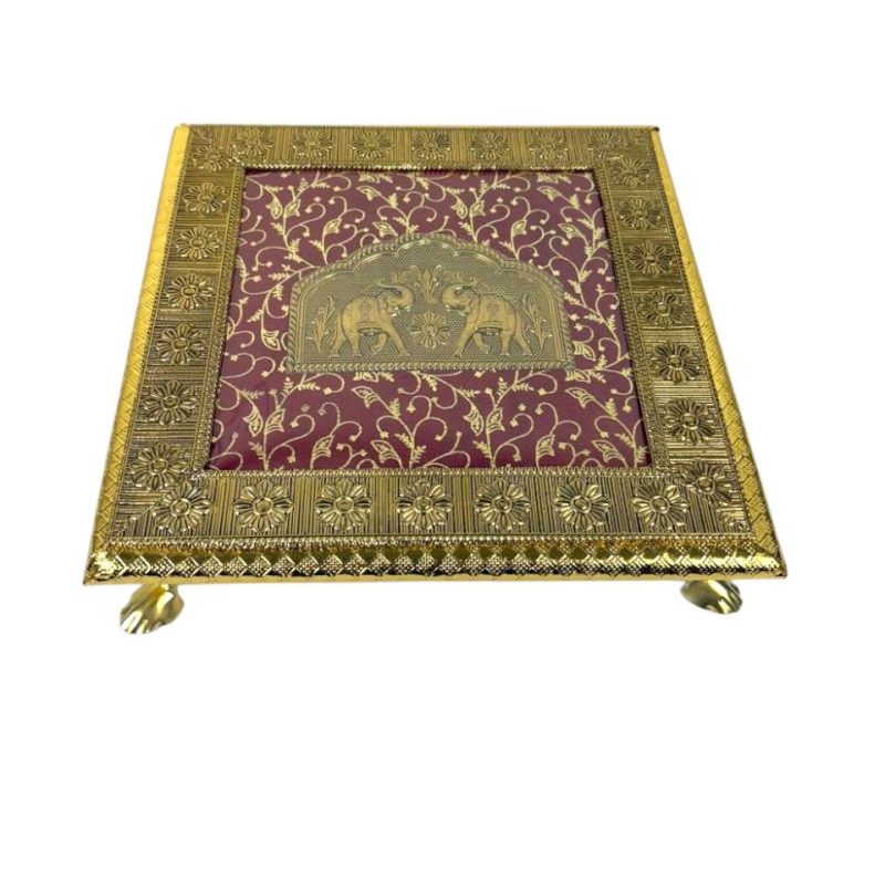 Elegant Golden Wooden 10-Inch Chowki with Double Elephant Design