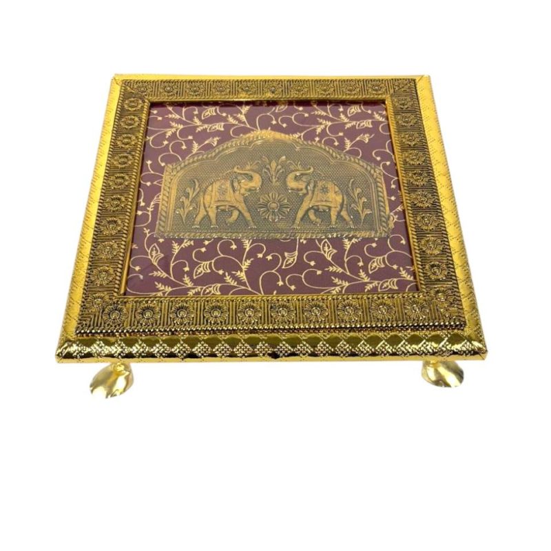 Elegant Golden Wooden 8-Inch Chowki with Double Elephant Design