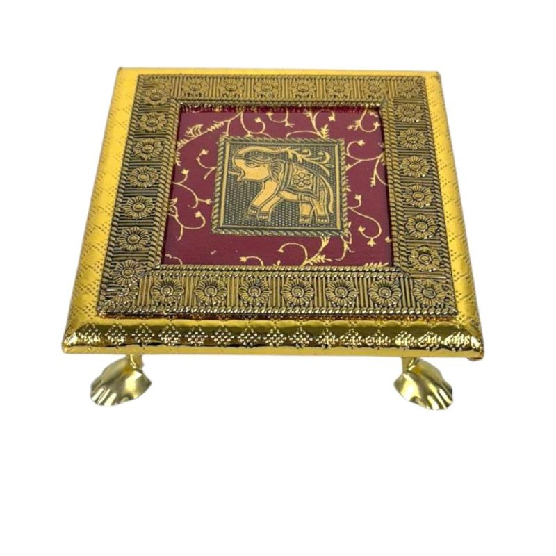 Elegant Golden Wooden 6-Inch Chowki with Double Elephant Design
