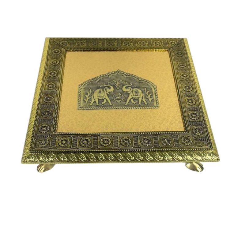 Premium Rexin & Wooden 10-Inch Chowki with Double Elephant Design