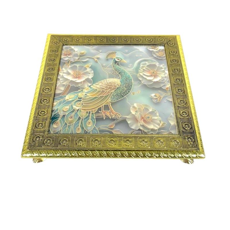 Elegant Golden Wooden 12-Inch Sarang Chowki with Intricate Peacock Artwork