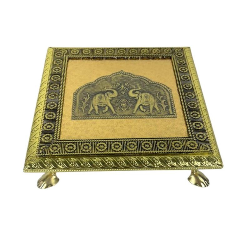 Premium Rexin & Wooden 8-Inch Chowki with Double Elephant Design