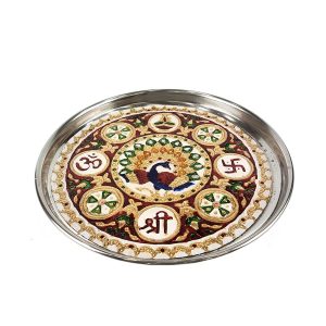 Steel Aarti Thali/Thal Peacock Designed Stainless Steel Premium Quality Mina Pooja Thali for Aarti Pooja , Home and Temple (11inch)